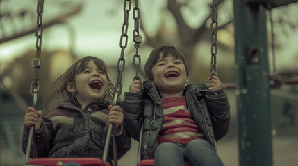 Siblings Joyfully Bonding While Playing in the Swing Together