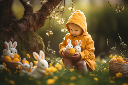 Gl&uuml;ckliche Kinder an Ostern, Ostereier Suche an Ostern, ein warmes Osterfest im Fr&uuml;hling, Ostern in der Natur