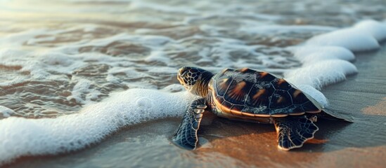 Young sea turtle making its way into the ocean.