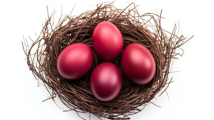 Top View of dark red Eggs in a Nest on a white Background. Easter Template with Copy Space