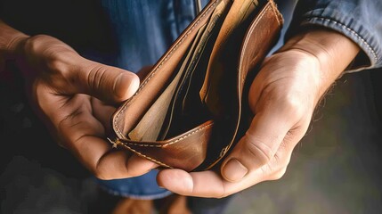 Hands Holding an Empty Wallet Symbolizing Financial Hardship and Bankruptcy - obrazy, fototapety, plakaty
