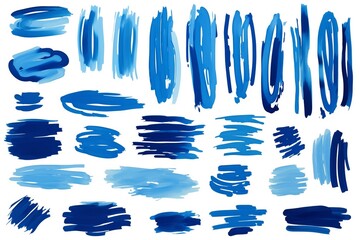 Experience the vibrancy of this assortment of blue marker paint strokes, featuring different saturations and hues ranging from sky blue to navy - obrazy, fototapety, plakaty