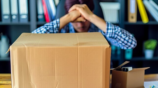 Stressed Employee with Head in Hands Behind Moving Box at Office