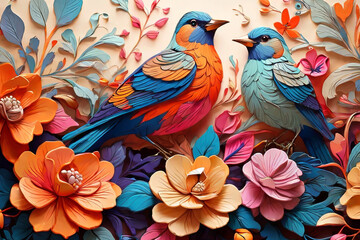 Colorful paper quilling art. Intricate birds and flowers design. Captivating and vibrant craft for creative projects and visuals.