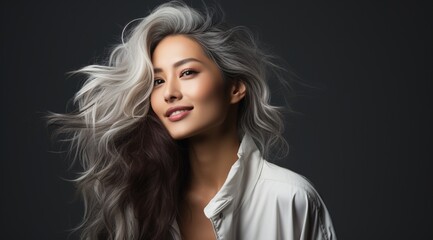 Fototapeta premium Asian woman with long black and white hair smiling