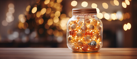 Large glass jar with light bulbs on bokeh background, Christmas lights and bokeh.