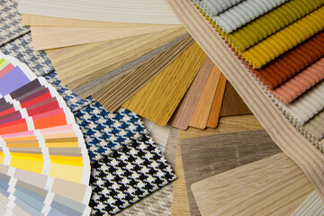 Variety of wood veneer material sample for design. Select material for idea. Decoration materials samples.