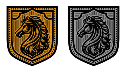 horse logo - stallion on shield (gold, silver)