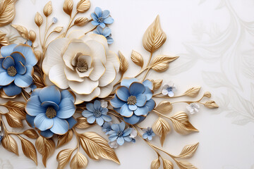 Elegant golden and blue flowers and branches on light background. Vintage floral decor for postcard. Fantastic plant 3d illustration