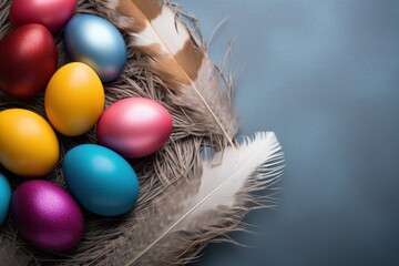 Colorful Easter eggs on dry grass with feathers on a blue background. copy space