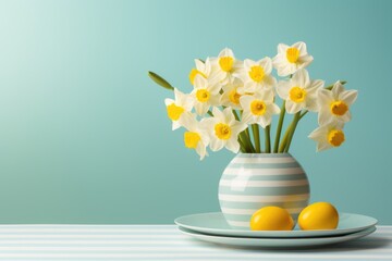 Fototapeta na wymiar a bouquet of daffodils in a striped vase and Easter eggs on the table. a place for a text or recipe. Happy Easter.