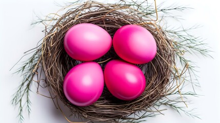 Fototapeta premium Top View of hot pink Eggs in a Nest on a white Background. Easter Template with Copy Space