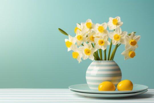 a bouquet of daffodils in a striped vase and Easter eggs on the table. a place for a text or recipe. Happy Easter.