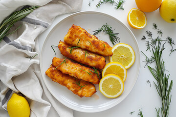 tasty and crunchy fried or baked fish fingers with lemon slices on a white plate, top view