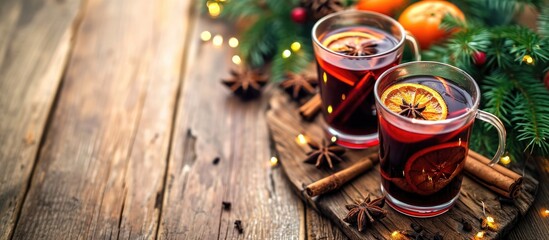 Christmas hot mulled wine with spices, oranges, and a rustic wooden table.