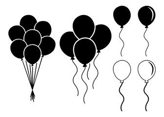 Set of different balloons black and white isolated on white background