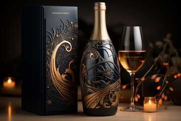 Wine glass with champagne bottle on romantic blurred background
