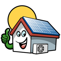 Smiling Eco House vector cartoon with solar panels, heat pump and thumbs up