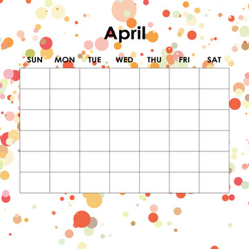 April. Calendar planner. Corporate week. Template layout, 12 months yearly, white background. Simple design for business brochure, flyer, print media, advertisement. Week starts from Monday
