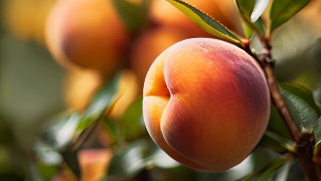Ripe peaches on the tree in the garden. Selective focus.