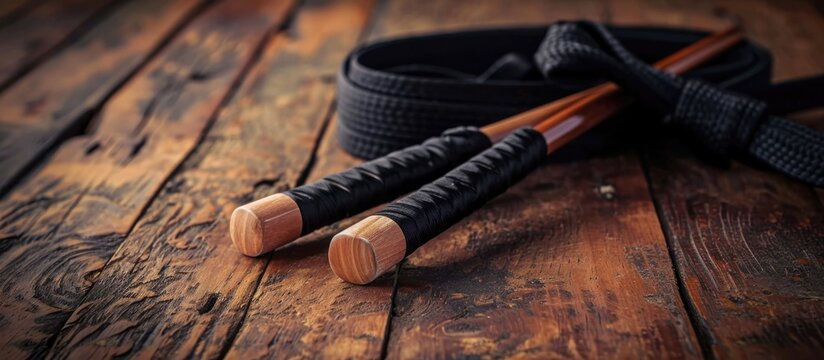 Nunchaku, black belt, and gi on wood floor (martial arts) - Powered by Adobe