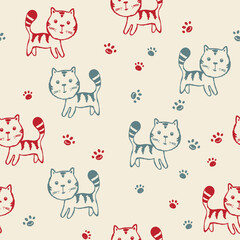 Seamless pattern with cute kitten print. Different scandy cats on color background. Scandinavian style illustration for kids. Vector illustration for fabric, textile, wallpaper, home clothing, pajama