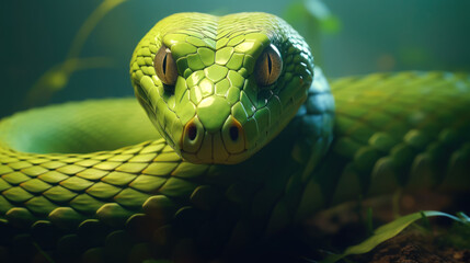 Fototapeta premium a beautiful colored snake crawls against the background of the forest, grass, nature, serpentine, reptiles, scales, eyes, head, plants, soil, python, skin, symbol of 2025