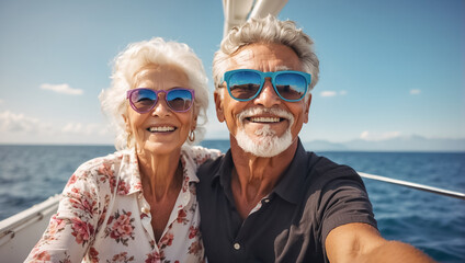 Portrait of happy elderly people on vacation at sea tourism