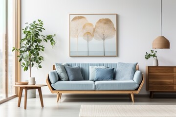 Blue and gold living room with sofa, coffee table and plants