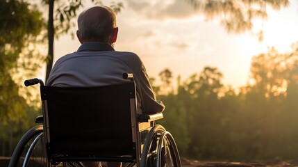 back view of a man sitting in a wheelchair - obrazy, fototapety, plakaty