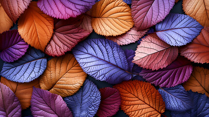 Colorful outdoor leaves spread out in large groups on black background, neon and fluorescent style....