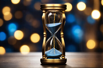 Running out of time. Hourglass in kintsugi style against bokeh backdrop. Symbolic image portraying time's fleeting nature. - obrazy, fototapety, plakaty