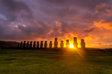 moais in Tongariki at sunrise, Rapa Nui, Easter Island