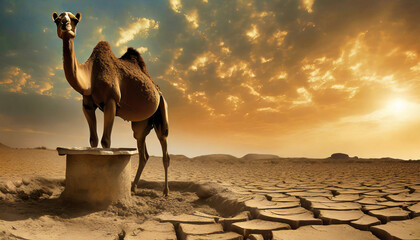 camel gets oasis of water to quench thirst in the dry and hot desert