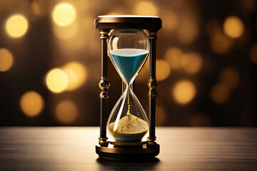 Running out of time. Hourglass in kintsugi style against bokeh backdrop. Symbolic image portraying time's fleeting nature.
