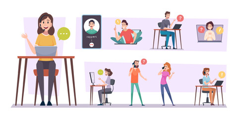Online support. People in customer service exact vector media agents in call center