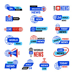 News tv logo. Entertainment badges collection recent vector live news social media templates