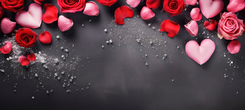 Roses, petals and hearts on a dark background with copy space