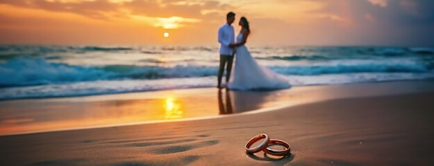 A couple celebrating Valentine's Day on romantic sandy beach at sunset. Symbol of engagement, wedding rings glistening in the sand foreground. Maldives luxury resort background. - obrazy, fototapety, plakaty