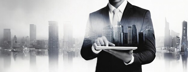 Man in suit with tablet shows cityscape hologram in front, monochromatic, futuristic modern city background. Architectural designer presents a construction project on electronic media.