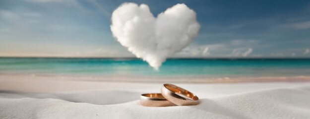 Romantic concept with wedding rings on white sandy beach and heart cloud. Gentle sea waves with endless ocean horizon on the background. Panorama with copy space.