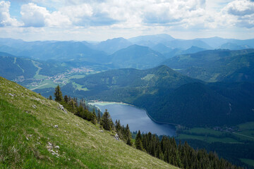 Fototapeta na wymiar Wonderful mountain landscape in austria: Idyllic Ötscherland with swimming lake Erlaufsee in the valley, austria. Holiday and travel concept