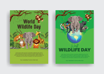 Flat vector animal forest cartoon illustrationwith 3d globe background for World wildlife day and animals day print flyer or poster print template