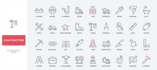 Construction site tools and equipment line icons set. Safety helmet and boots of contractor, blueprint of building and builders wheelbarrow thin black and red outline symbols, vector illustration