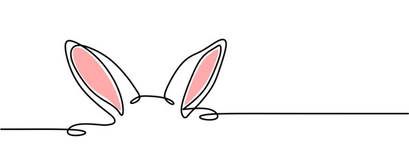One continuous line drawing of Easter bunny. Greeting banner design with rabbit and ears in simple linear style. Editable stroke. Doodle vector illustration
