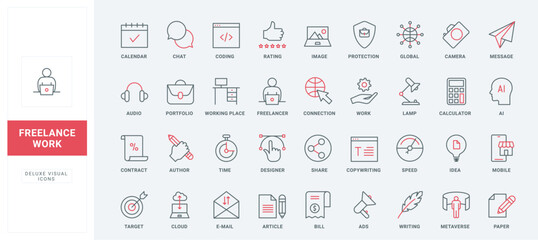 Remote work, freelance line icons set. Digital services and applications for freelancers job, data protection and creation, online workplace thin black and red outline symbols, vector illustration