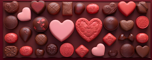Valentine's Day background. top view heart shape chocolates. Dessert  sweet hearts, red and pink. 