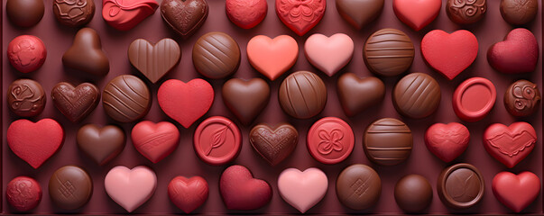 Valentine's Day background. top view heart shape chocolates. Dessert  sweet hearts, red and pink.  - obrazy, fototapety, plakaty