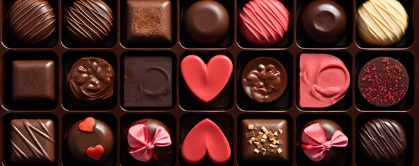 Valentine's Day background. top view heart shape chocolates. Dessert  sweet hearts, red and pink. 
