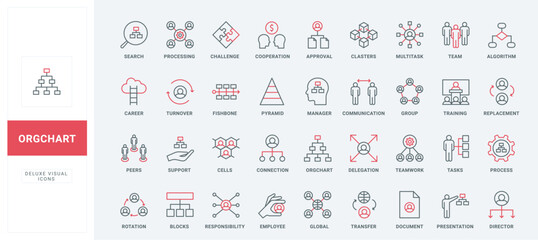 Structure and hierarchy of corporate company, org chart line icons set. Leadership pyramid, communication between groups and teams thin black and red outline symbols, organogram vector illustration - obrazy, fototapety, plakaty